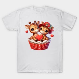 Valentine Giraffe Couple In A Cupcake T-Shirt